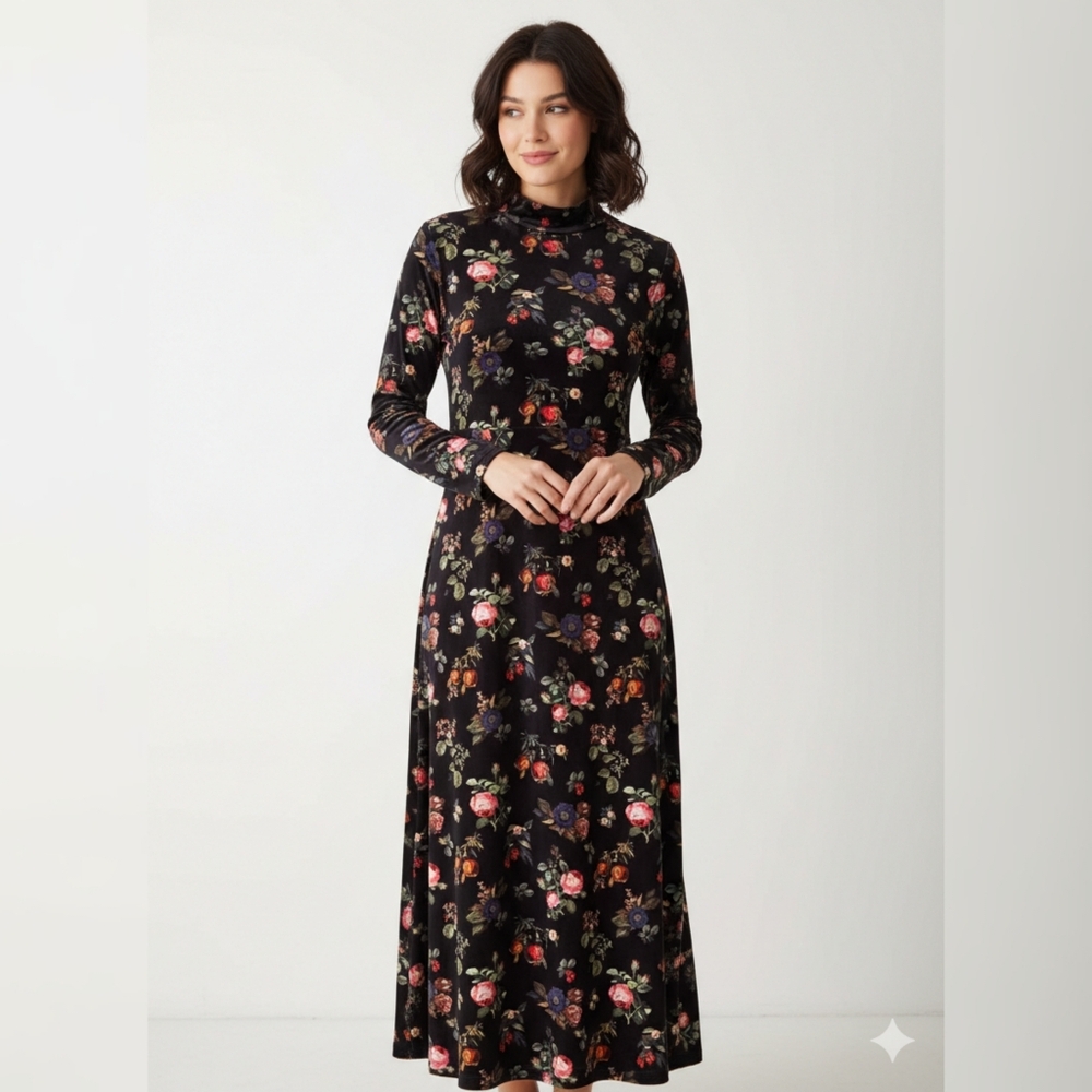 Smith And Quinn Velvet Black Floral Dress Medium NWOT